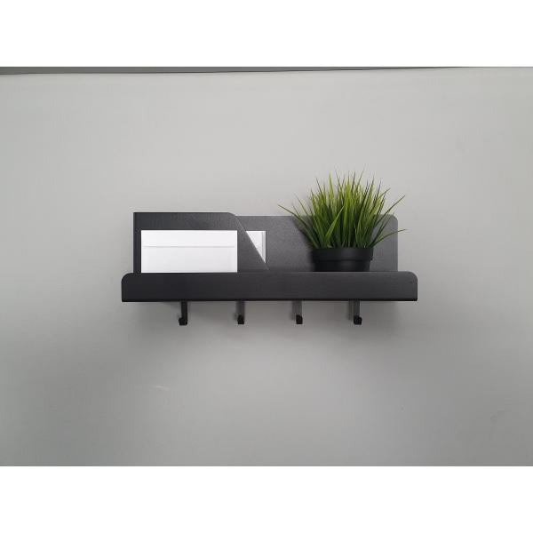 Organizator de perete cu 4 agatatori si suport, metal, negru mat, 46 x 11 x 19 cm 3