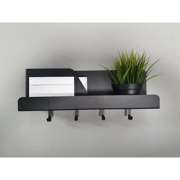 Organizator de perete cu 4 agatatori si suport, metal, negru mat, 46 x 11 x 19 cm 4