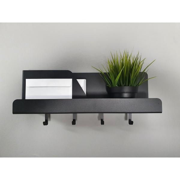 Organizator de perete cu 4 agatatori si suport, metal, negru mat, 46 x 11 x 19 cm 5