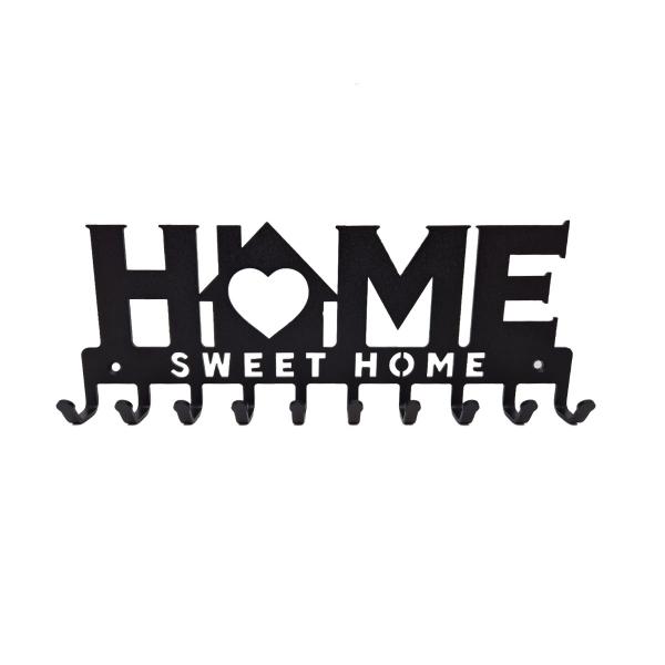 Suport chei Home Sweet Home cu casuta 10 agatatoare , 9x25 cm, negru 1
