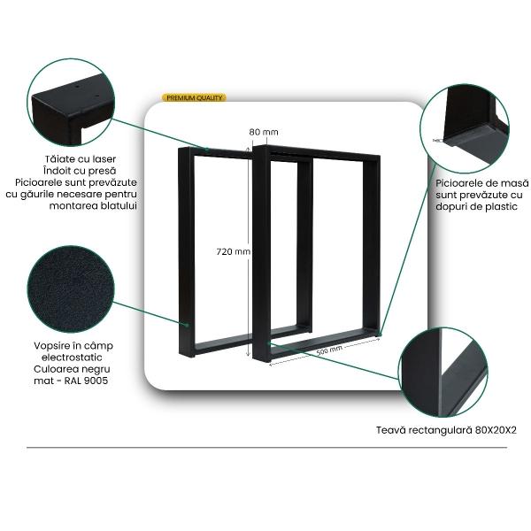 Set 2 picioare masa, Profil lat, Vopsire in camp electrostatic, Negru mat, 72x50x8 cm 2