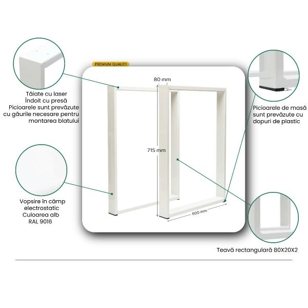 Set 2 picioare masa, Profil Lat, Vopsire in camp electrostatic, Alb 72x60x8 cm  2