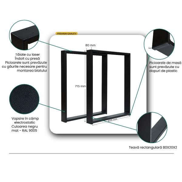 Set 2 picioare masa, Profil Lat, Vopsire in camp electrostatic, Negru 72x60x8 cm  2
